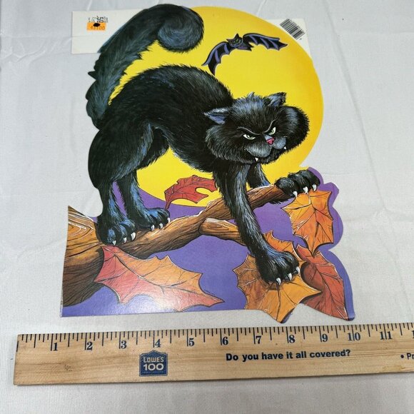Vintage Black Cat on Tree Limb Bat Double Sided Halloween New Old Eureka 12x9 - Picture 1 of 2